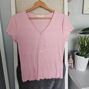 Sugar Moon Light Pink Ribbed Tee | Size XL | Ruffle Hem | Feminine Casual Top
